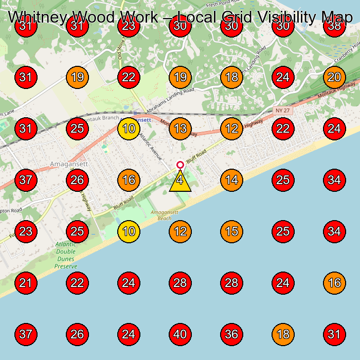 Whitney Wood Work GeoGrid visibility map for Landscaper in East Hampton